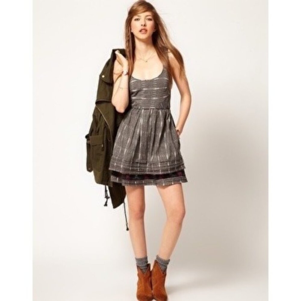 New Romantics X Free People Gray Plaid Weathervane Ikat Fit & Flare Mini Dress
